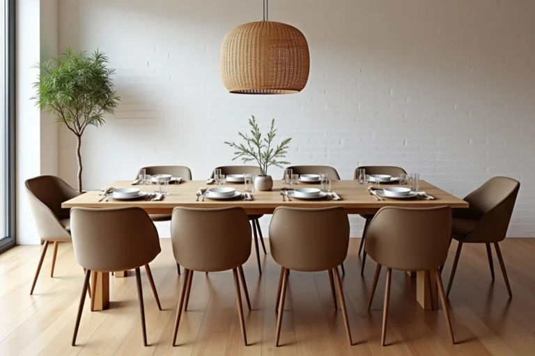 Grande table rectangulaire en chêne massif pour 8 personnes dans une salle à manger scandinave moderne