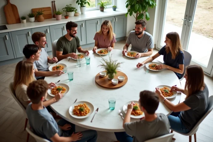 Huit personnes réunies autour d'une grande table ronde en marbre lors d'un repas familial convivial
