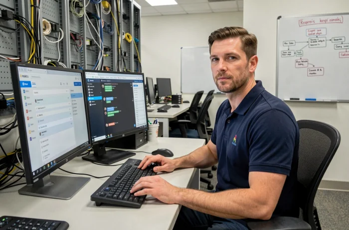 Technicien du support MyCampus EduServices au bureau d'assistance répondant à une demande urgente