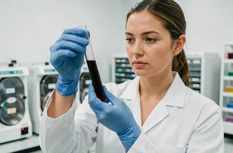 Technicienne de laboratoire tenant un tube de sang pour un bilan hépatique incluant les enzymes ASAT et ALAT