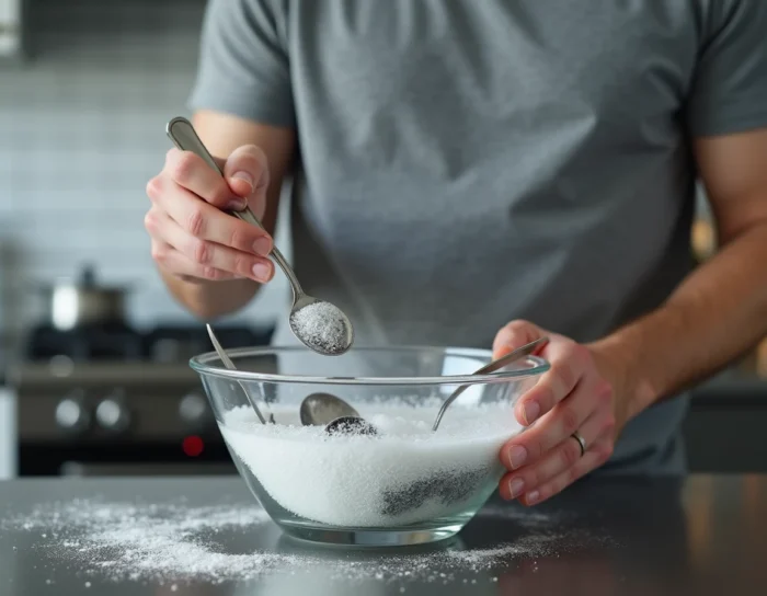Homme utilisant la technique du bicarbonate et du papier aluminium dans l'eau chaude pour nettoyer et faire briller des couverts en argent noircis