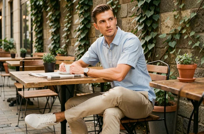 Homme en chemise bleue manches courtes et chino beige assis en terrasse de café par 23 degrés