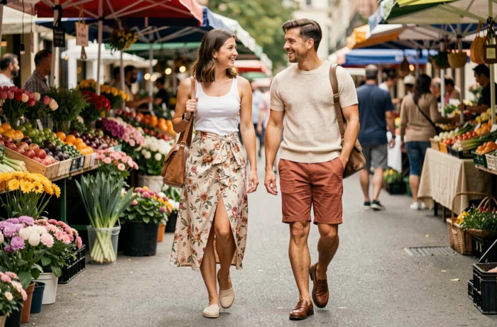Deux amis habillés pour 23 degrés se promenant dans un marché en plein air avec tenues légères de printemps