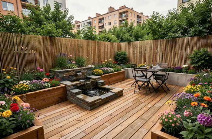 Terrasse jardin urbaine aménagée avec jardinières en bois, fontaine en ardoise et espace repas extérieur personnalisé