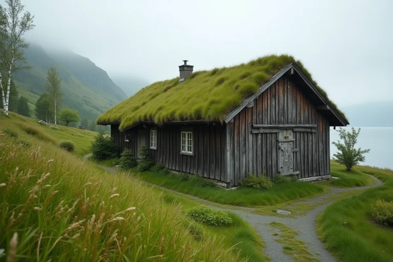 Ferme traditionnelle norvégienne avec toit en herbe recouvert de mousse et de fleurs sauvages dans une vallée verdoyante