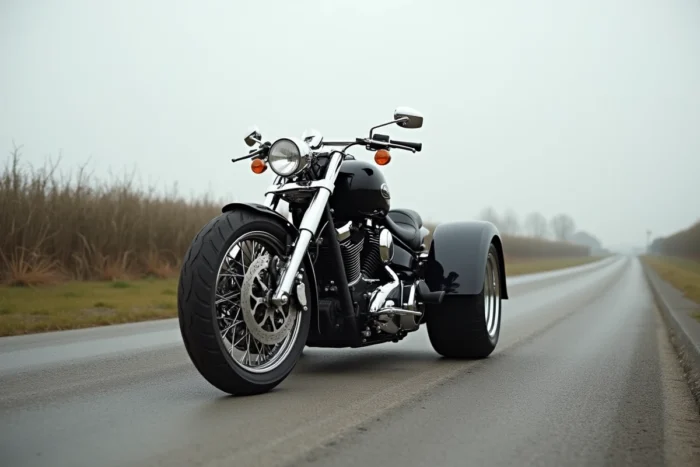 Trike trois roues homologué garé sur une route de campagne française en attente de mise en circulation légale