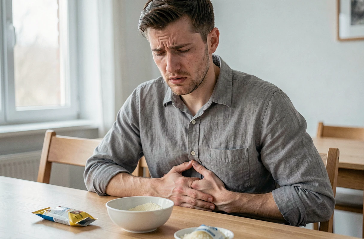 Jeune homme souffrant de troubles digestifs assis à table après avoir consommé de la semoule périmée