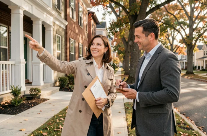 Cliente et agent immobilier visitant une résidence neuve dans un quartier résidentiel en automne