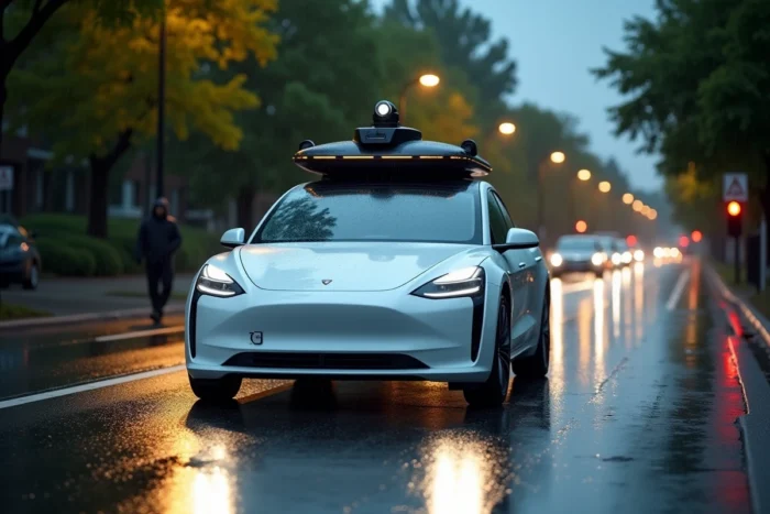 Voiture autonome électrique blanche avec capteurs LiDAR circulant sous la pluie dans une rue résidentielle, reflets sur l'asphalte mouillé