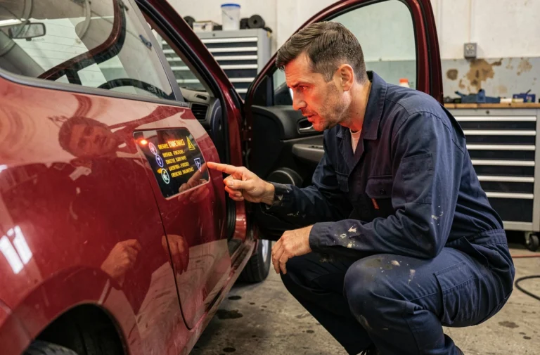 Mécanicien inspectant le voyant STOP allumé sur le tableau de bord d'une Renault Clio 3 rouge dans un garage