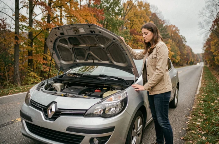 Femme inspectant le compartiment moteur d'une Renault Clio 3 arrêtée sur le bord d'une route après allumage du voyant STOP