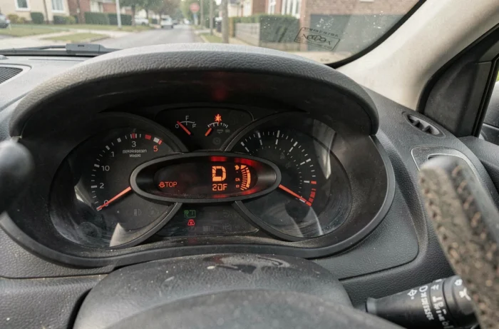 Gros plan sur le voyant STOP allumé dans le tableau de bord d'une Clio 3 garée en milieu urbain