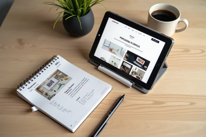 Vue de dessus d'un bureau avec tablette affichant un template de site web professionnel, carnet de notes et café
