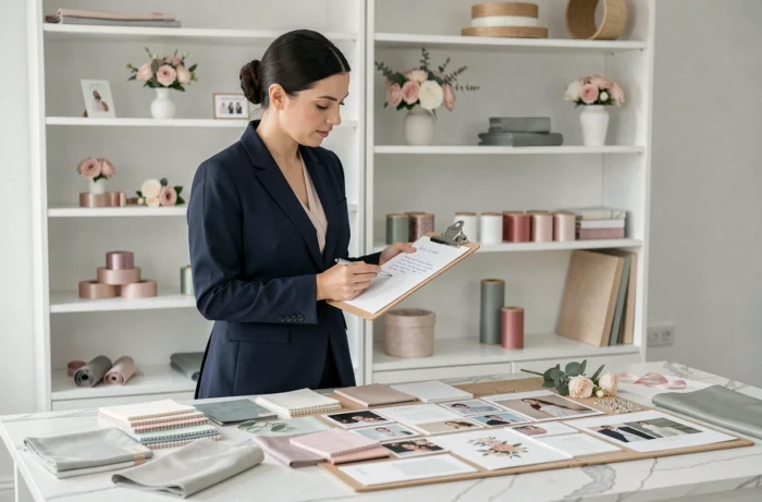 Wedding planner professionnelle révisant un tableau d'inspiration pour l'organisation d'un mariage dans son studio